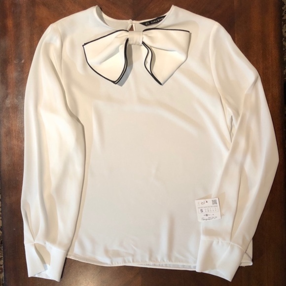 Zara Tops - Zara Basic - White Long Sleeve Blouse with Bow